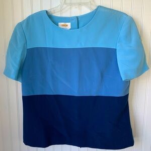 Talbots (Size 12) Pure Silk, 3 shades of Blue Top, round neck, short sleeves